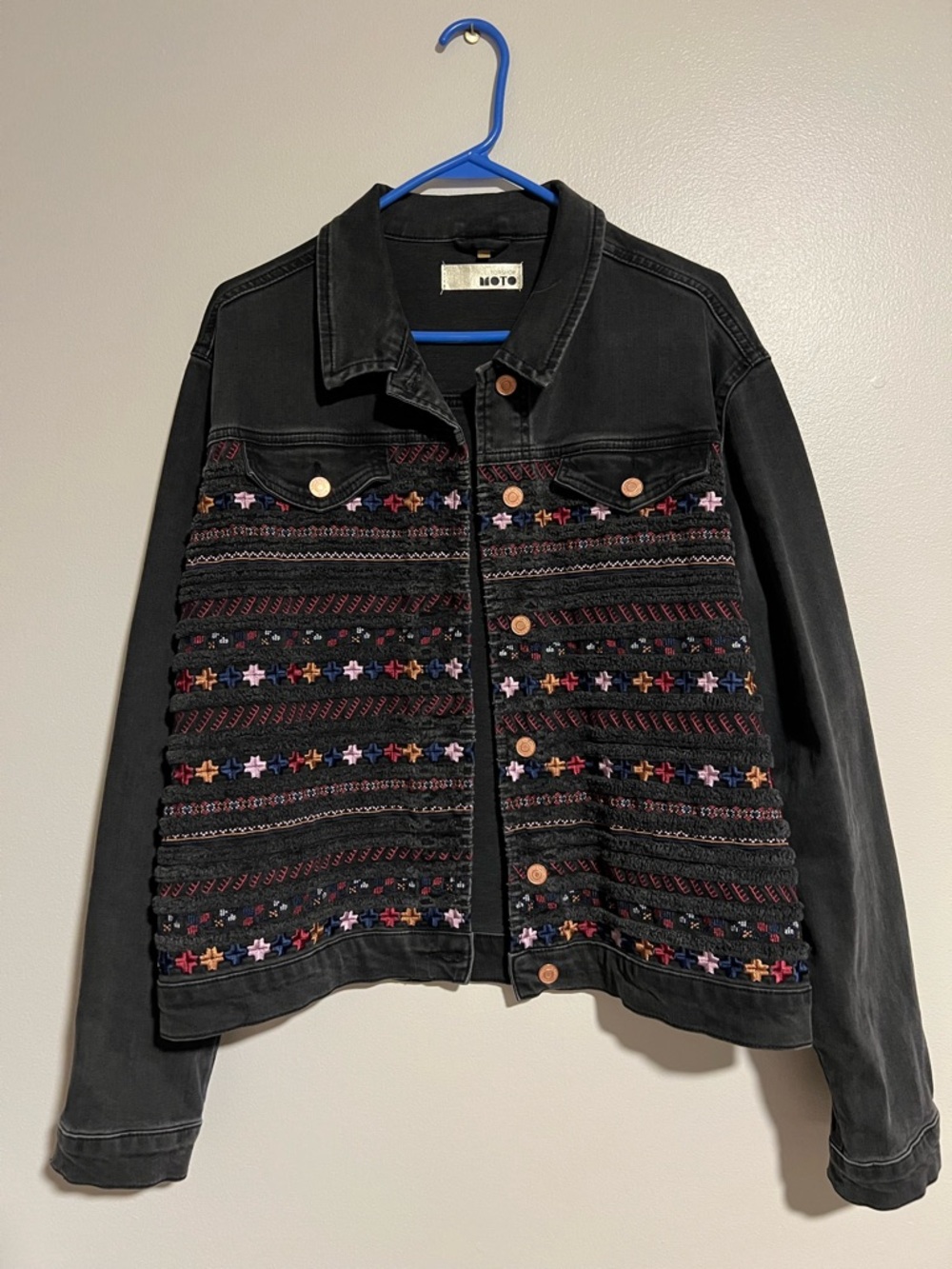 Topshop Black Denim Jacket with Multicolor Embroidered Panels